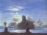 Karl friedrich schinkel The Garden of Sarastro by Moonlight with Sphinx,decor for Mozart-s opera Die Zauberflote Sweden oil painting artist